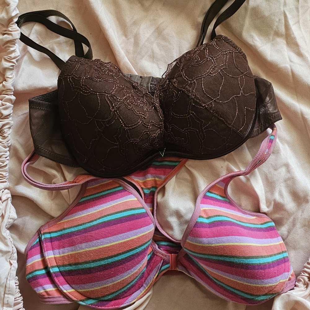 Free Elegant Brown Lace Bra and Vibrant Striped Bra Set